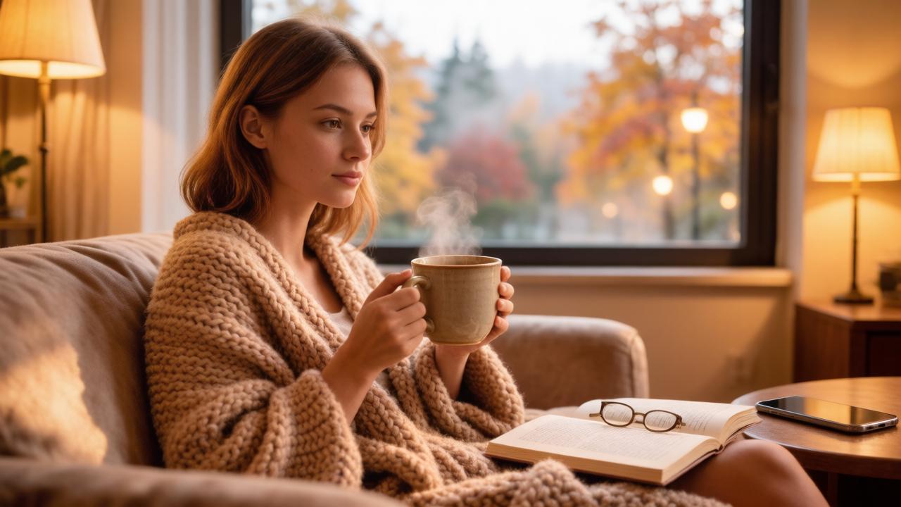 Женщина отдыхает на диване с книгой, гороскоп на 18 октября о восстановлении сил.